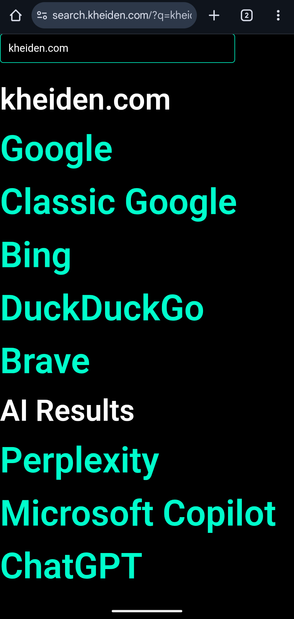 Landing page for Search Query Aggregator, showing URLs to various Search Engines and AI platforms